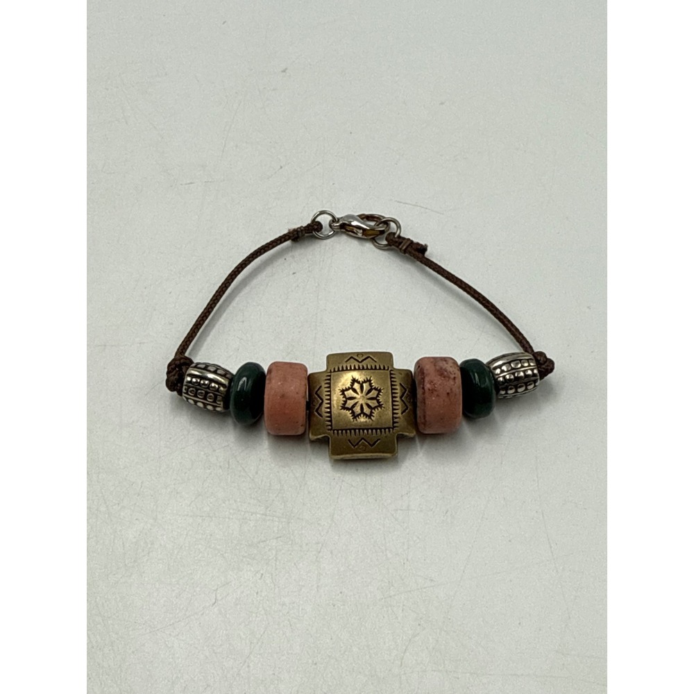 Southwestern Mixed Bead Cord Bracelet Brass Tone Cross Pink Green Stone 7.5 In